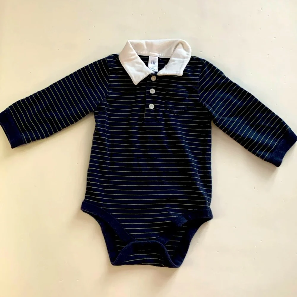 Baby Gap Dark Blue Bodysuit w/ Gold Thin Strips & White Collared shirt Boy 6-12m